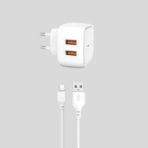 Polnilec za telefon XO L61 2xUSB bel + microUSB kabel - Image 1