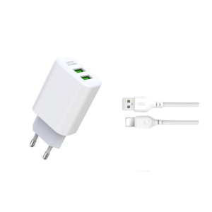 Polnilec za telefon XO L85C 2X USB 2,4A bel + 8-pin Lightning kabel - slika 1