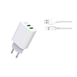 Polnilec za telefon XO L85C 2X USB 2,4A bel + kabel USB-C - Image 1