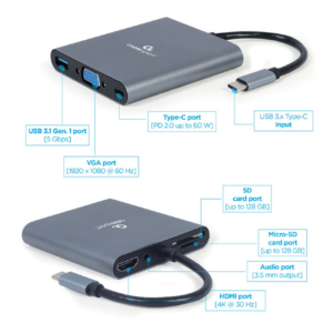 Adapter USB-C 6-v-1 USB, HDMI, VGA, PD, čitalec kartic + audio - slika 3