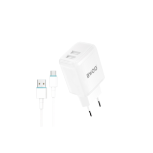 Polnilec za telefon BWOO CDA60C 2x USB 2,4A bel + kabel USB-C - Image 1