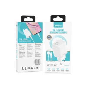 Polnilec za telefon BWOO CDA60C 2x USB 2,4A bel + kabel USB-C - Image 2
