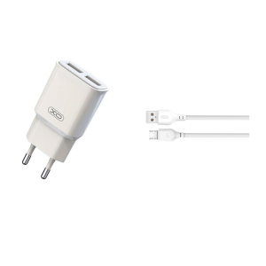 Polnilec za telefon XO L92C 2xUSB 2,4A bel + microUSB kabel - slika 1