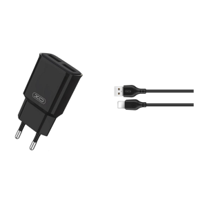 Polnilec za telefon XO L92C 2xUSB 2,4A črn + 8-pin Lightning kabel - Image 1
